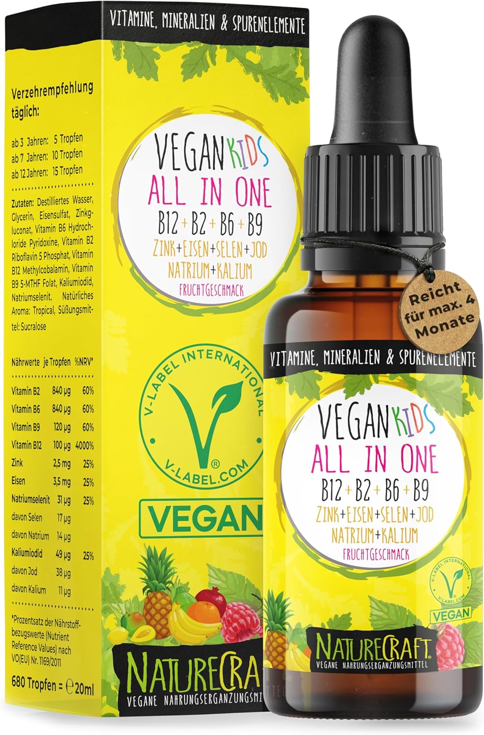 Vegan Kids All-in-One Tropfen - Vitamin B12+B2+B6+B9 Folsäure + Zink + Eisen + Selen + Natrium + Kalium + Jod - Komplex mit natürlichem Tropical Fruchtgeschmack (20ml = max. 4 Monats-Vorrat)
