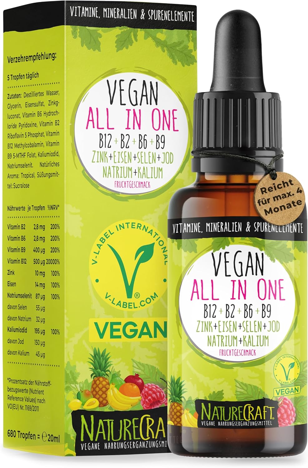 Vegan All-in-One Tropfen - Vitamin B12+B2+B6+B9 Folsäure + Zink + Eisen + Selen + Natrium + Kalium + Jod - Komplex mit natürlichem Tropical Fruchtgeschmack (20ml = ca. 4 Monats-Vorrat)