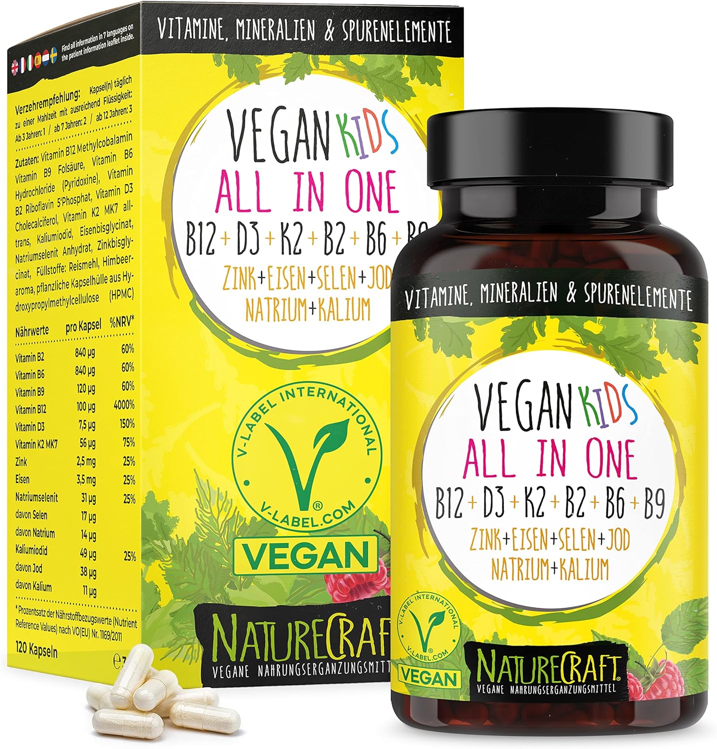 Vegan Kids All-in-One - Vitamin B12+D3+K2+B2+B6+B9 Folic acid + Zinc + Iron + Selenium + Sodium + Potassium + Iodine - Complex for children with 120 capsules (max. 4 month supply)…