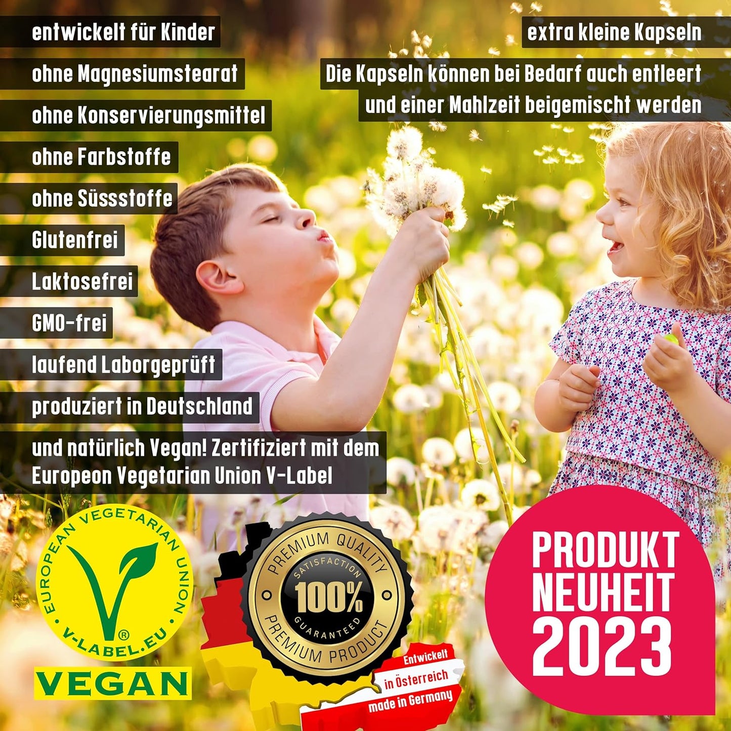 Vegan Kids All-in-One - Vitamin B12+D3+K2+B2+B6+B9 Folic acid + Zinc + Iron + Selenium + Sodium + Potassium + Iodine - Complex for children with 120 capsules (max. 4 month supply)…