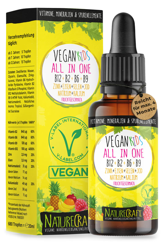 Vegan Kids All-in-One Tropfen - Vitamin B12+B2+B6+B9 Folsäure + Zink + Eisen + Selen + Natrium + Kalium + Jod - Komplex mit natürlichem Tropical Fruchtgeschmack (20ml = max. 4 Monats-Vorrat)